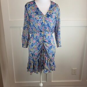 NWT! Zara, Chiffon, Blue Floral, Gathered Skirt, V-Neck Ruffle Dress